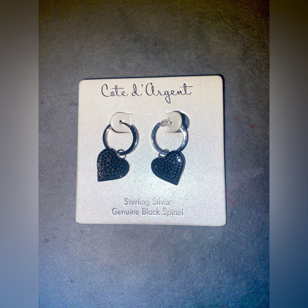 Bnwt Cote D’argent Sterling Silver & Black Spinel Gem Heart Earrings